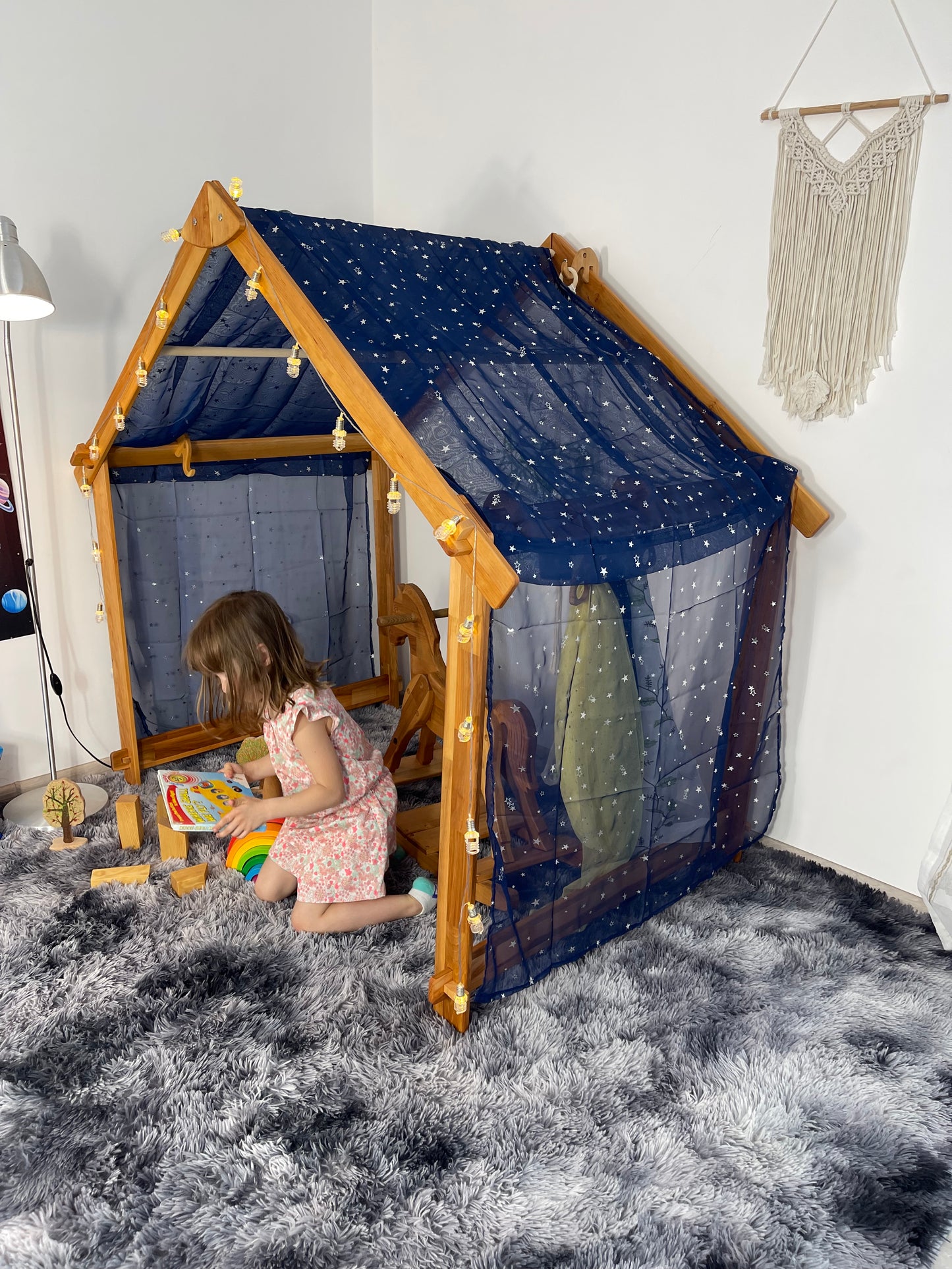 Montessori teepee bed frame furniture Two-Sided Open Frame Wooden Playhouse Space-Saving Design for Under-Bed Play
