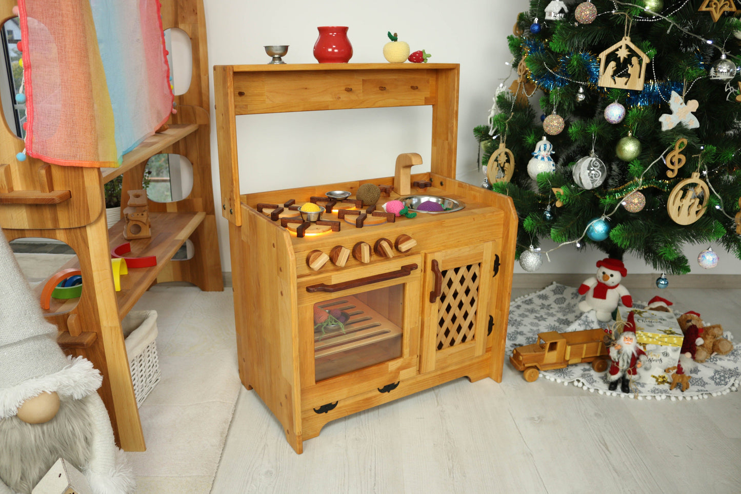 Kids gift Wood Waldorf kitchen Set Educational toy 1st Birthday gift set with sink Playhouse kitchen Montessori Indoor Playground Shelf