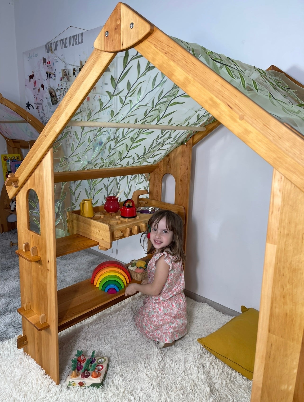 Montessori teepee bed frame furniture Two-Sided Open Frame Wooden Playhouse Space-Saving Design for Under-Bed Play