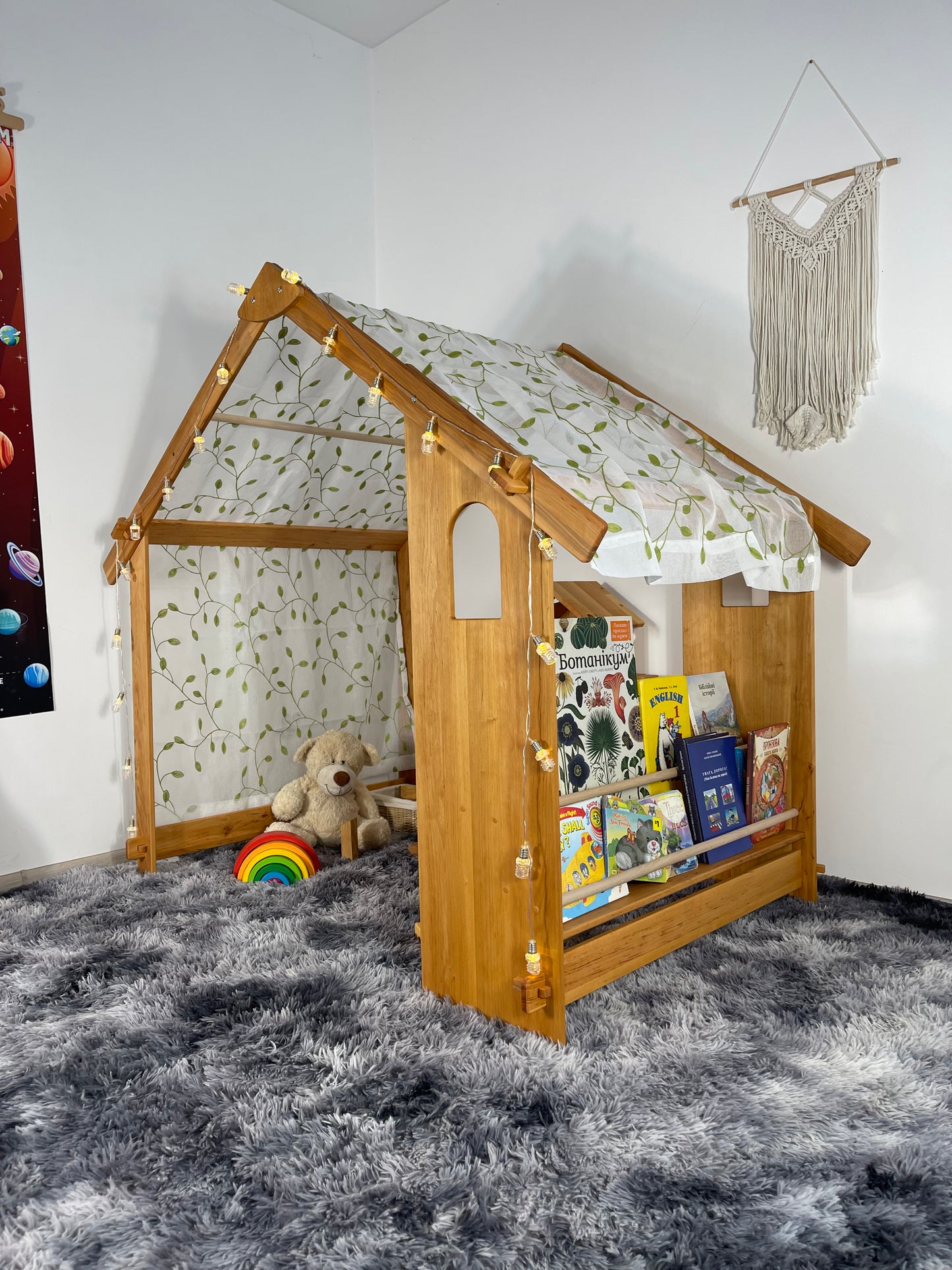 Montessori teepee bed frame furniture Two-Sided Open Frame Wooden Playhouse Space-Saving Design for Under-Bed Play