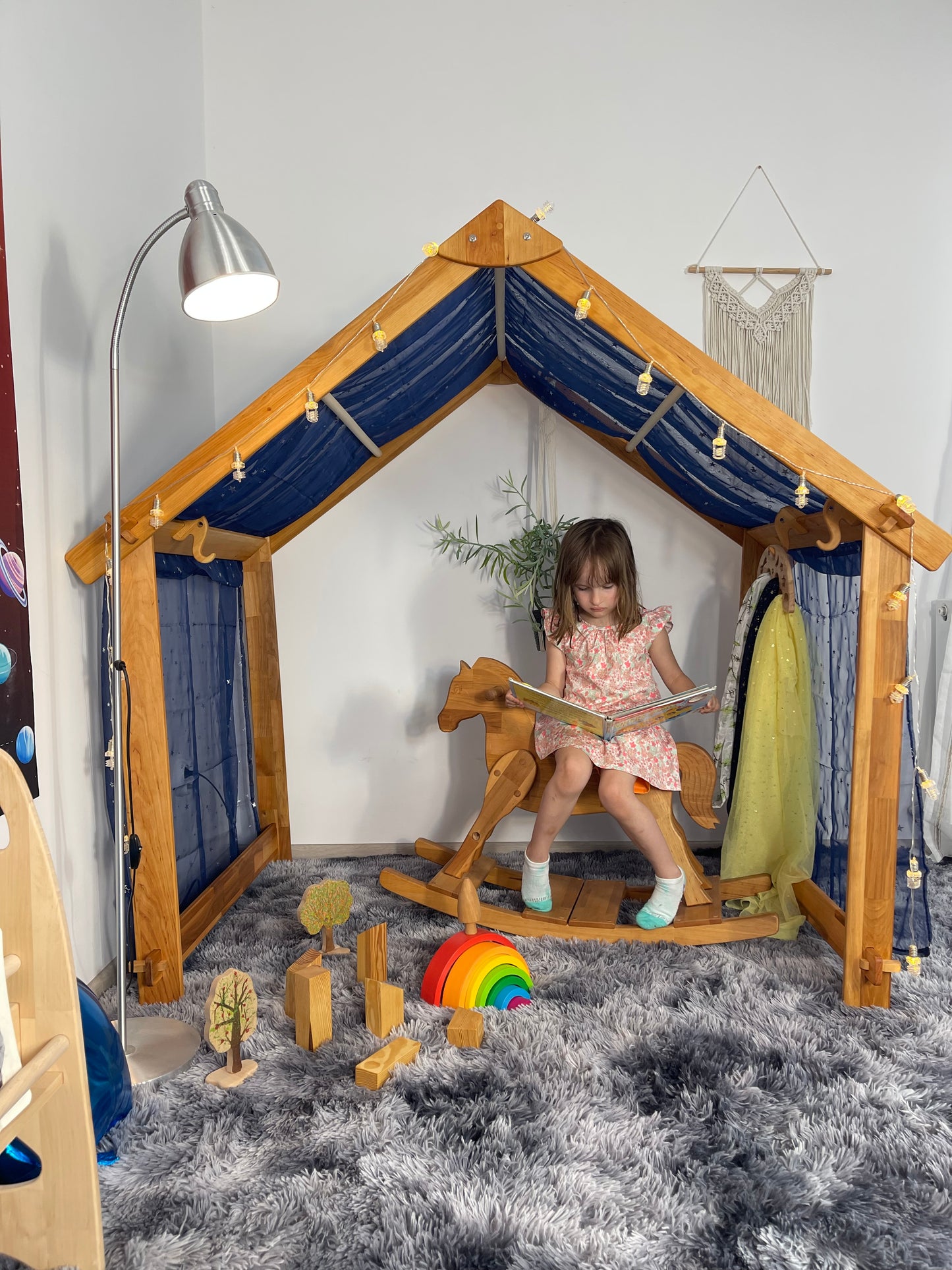 Montessori teepee bed frame furniture Two-Sided Open Frame Wooden Playhouse Space-Saving Design for Under-Bed Play