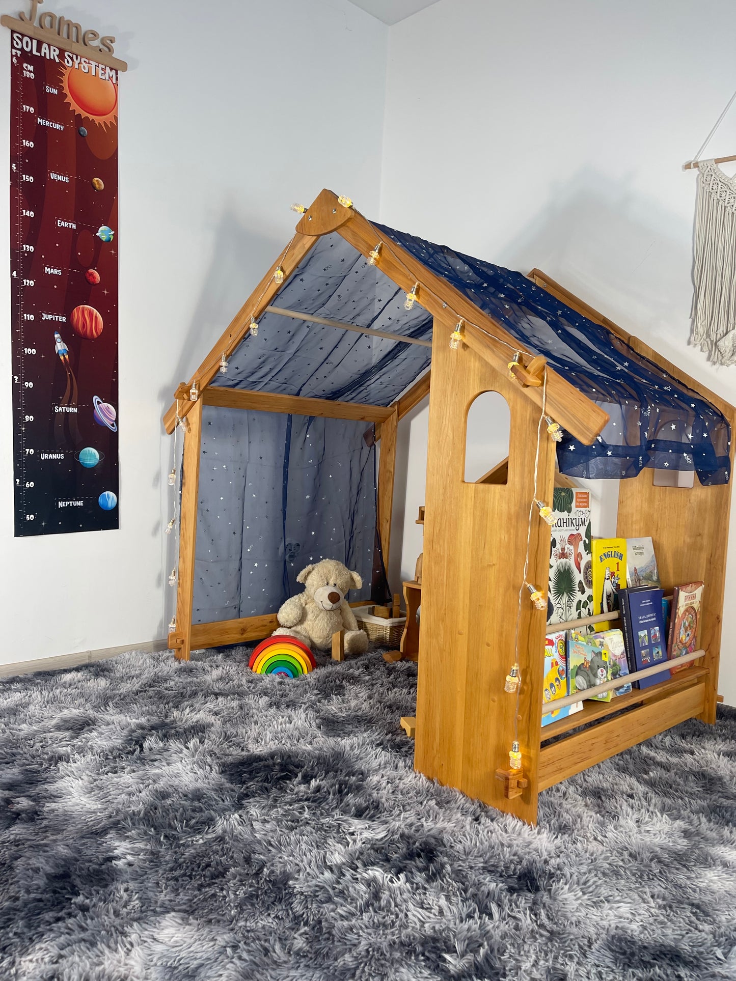 Montessori teepee bed frame furniture Two-Sided Open Frame Wooden Playhouse Space-Saving Design for Under-Bed Play