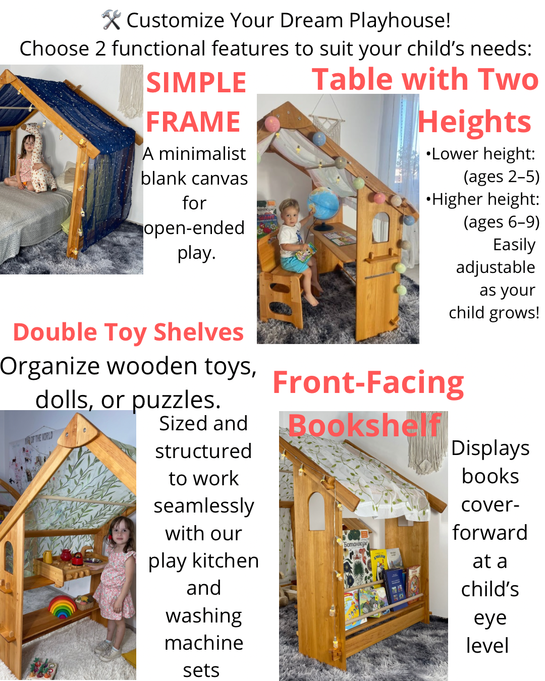 Montessori teepee bed frame furniture Two-Sided Open Frame Wooden Playhouse Space-Saving Design for Under-Bed Play