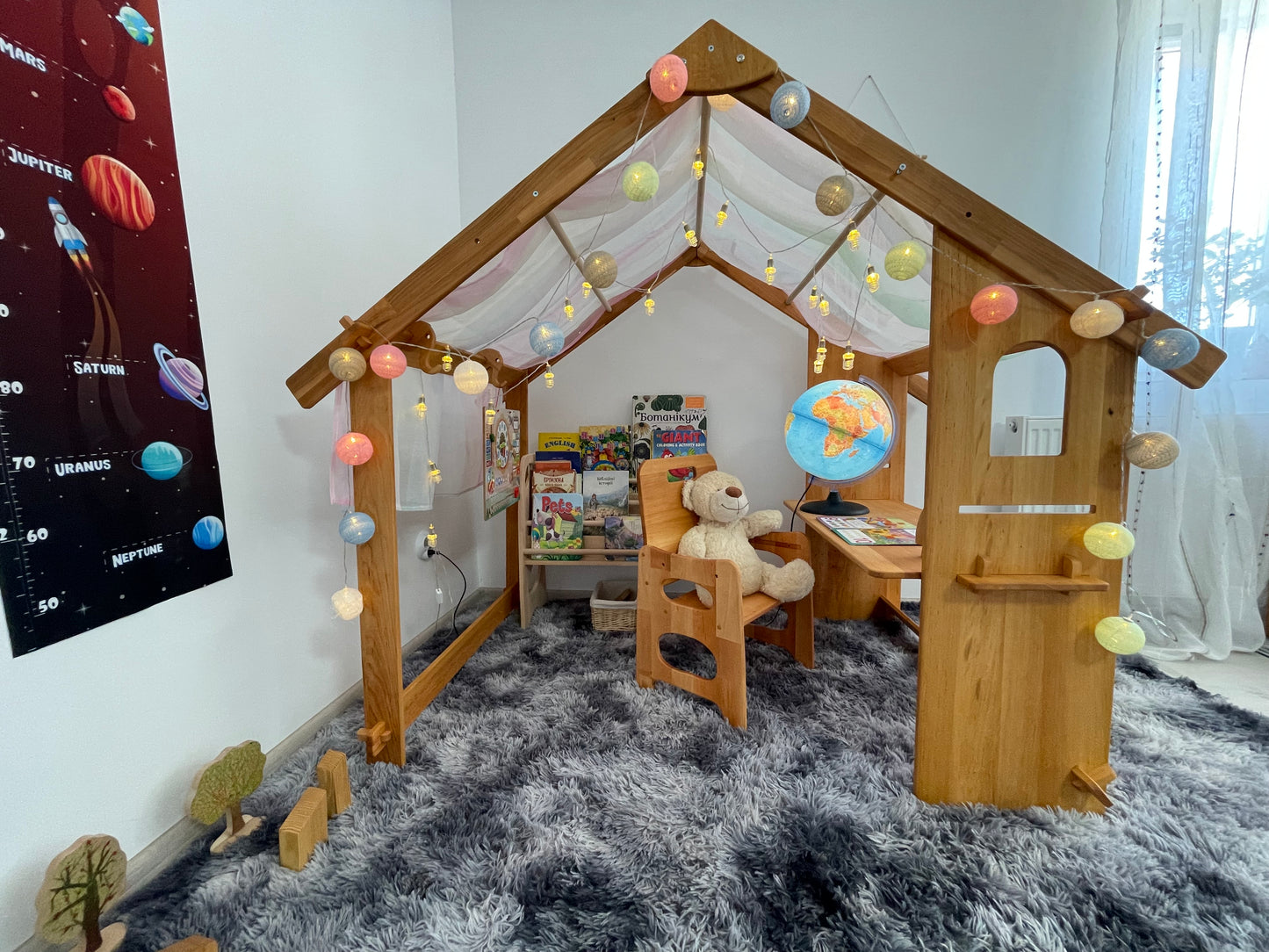 Montessori teepee bed frame furniture Two-Sided Open Frame Wooden Playhouse Space-Saving Design for Under-Bed Play