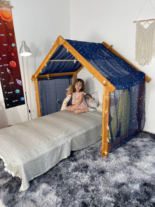 Montessori teepee bed frame furniture Two-Sided Open Frame Wooden Playhouse Space-Saving Design for Under-Bed Play