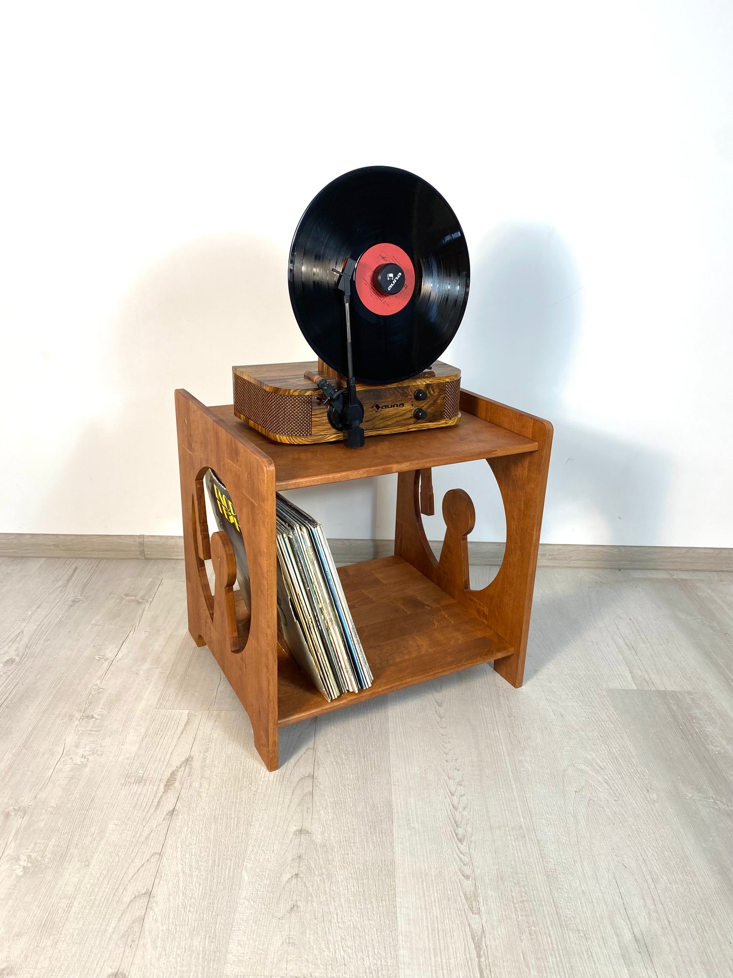Light Brown Wooden Console Furniture Unique gifts Record Player Stand Vinyl Record Holder Storage Record Cabinet Table Turntable Station Display Media