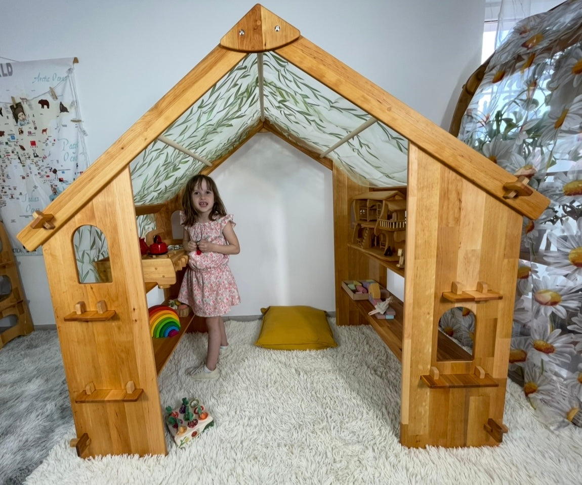Montessori teepee bed frame furniture Two-Sided Open Frame Wooden Playhouse Space-Saving Design for Under-Bed Play