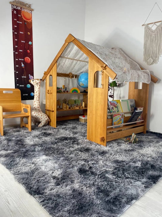 Montessori Wooden Playhouse with Double Toy Shelves + Bookshelf Organized Learning & Play Space Birthday Christmas Gift Furniture Kid