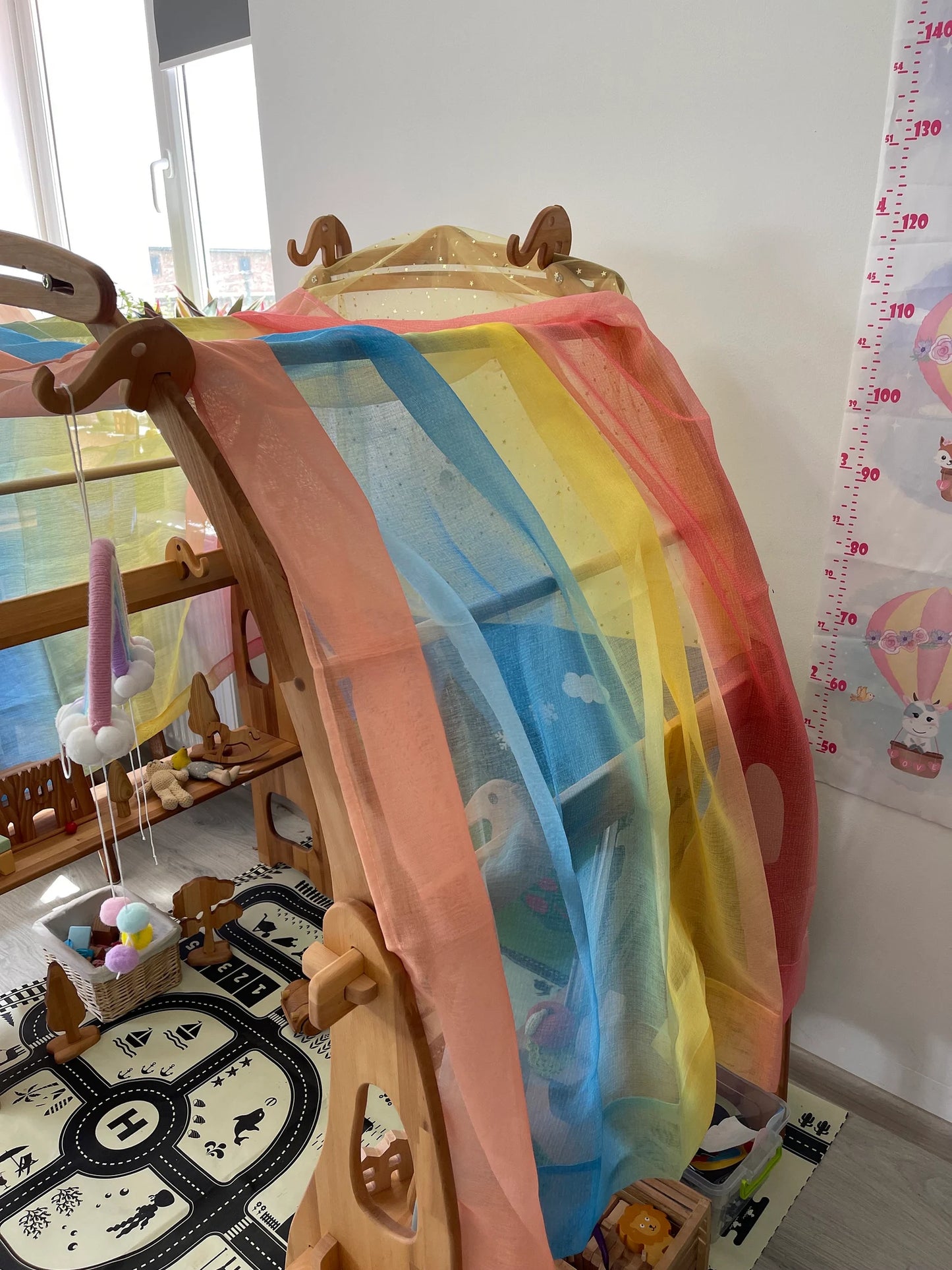 Rainbow fabric Large Playstand Canopy 1st Birthday gift Striped Scarf Waldorf Chiffon fabric Canopy for playhouse Montessori