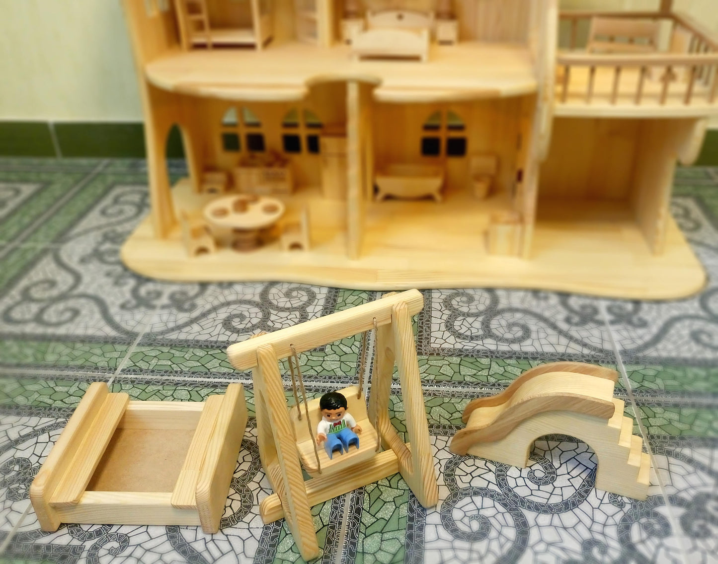 Maileg Furniture Dollhouse montessori Wooden toy set of sandbox swing slide Christmas Kids Gifts Birthday dollhouse accessories waldorf