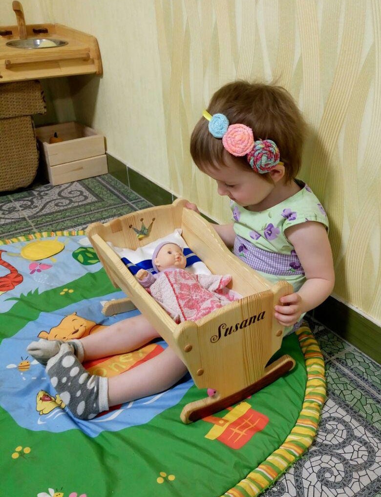 Wooden doll cradle Christmas 1st Birthday gift Doll bassinet Crib for dolls Montessori waldorf education toys Wooden furniture Personalized