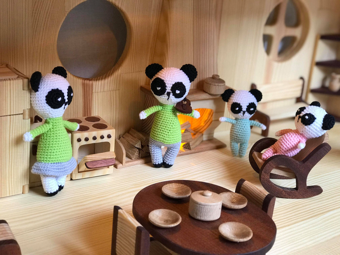 Dolls dollhouse Animals Panda Dolls Amigurumi Panda Family mom dad son daughter Knitted animal Plush Panda knitted toys doll house