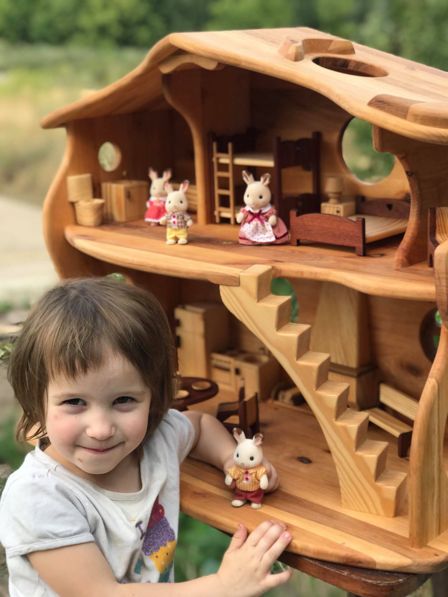 Kids gift Wooden Waldorf Dollhouse Christmas 1st Birthday gift 1:16 Scale Alder-wood Fairy house with Fireplace Red-wood Furniture Eco toy