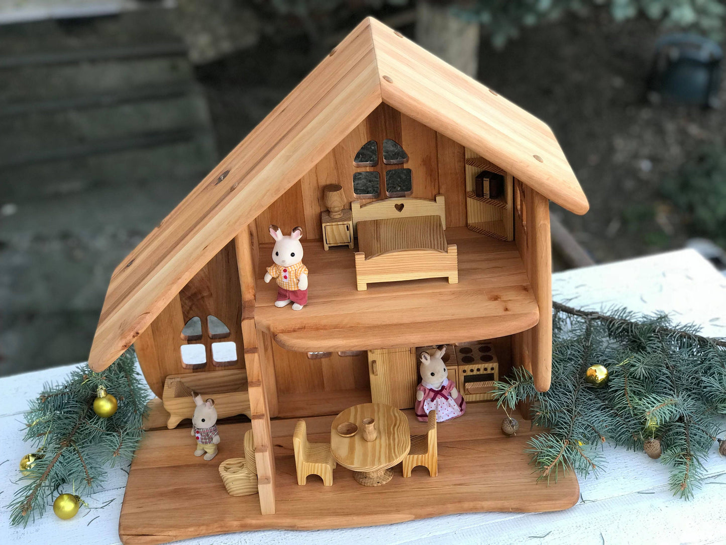 Dollhouse With Furniture Christmas Birthday gift for kid Montessori waldorf playhouse Alderwood scale 1:16  Wooden Eco toy, Fairy house