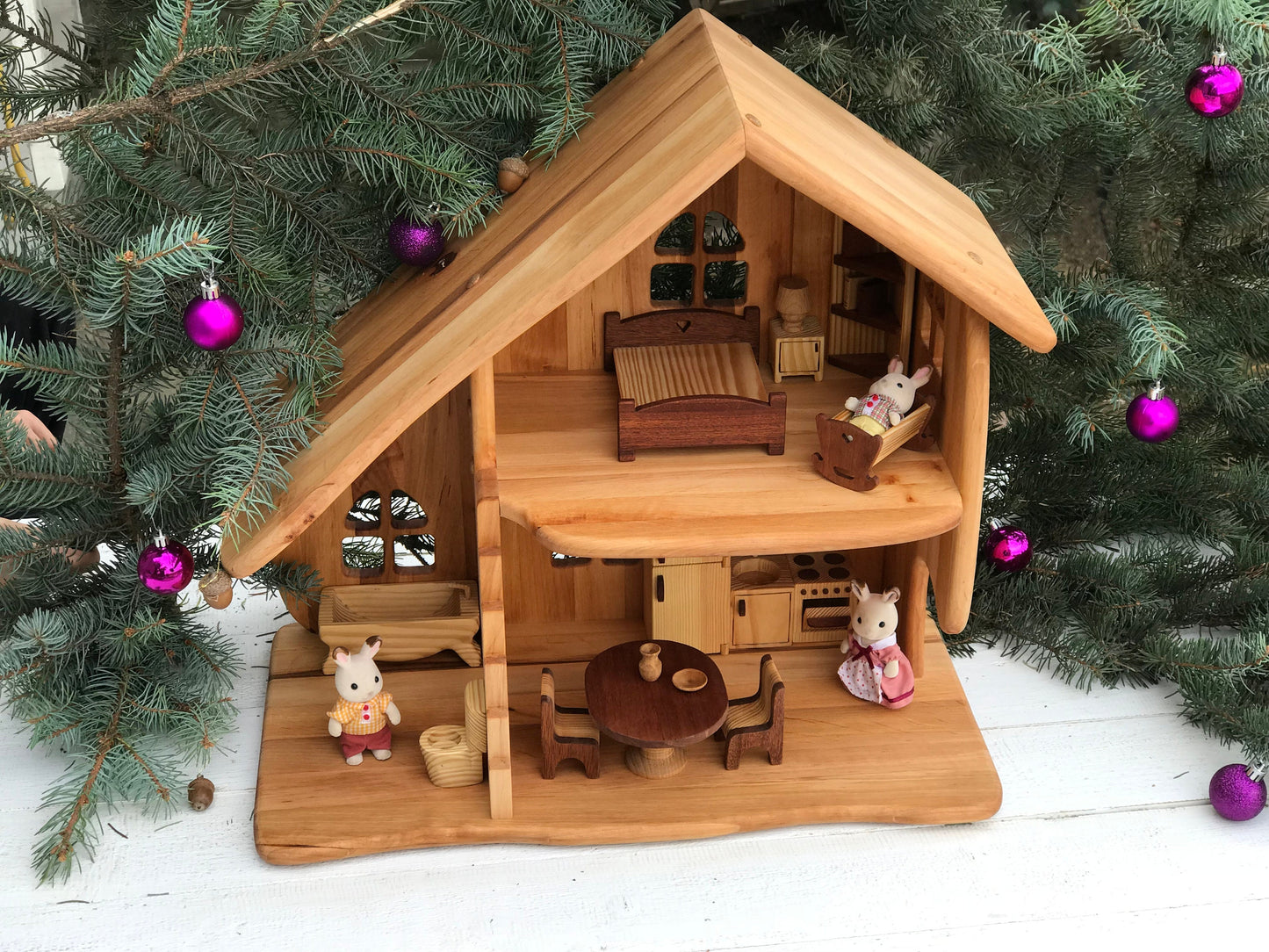 Kids gift Wooden Dollhouse With Red wood Furniture 1st Birthday gift Montessori waldorf house Alderwood Dollhouse scale 1:16