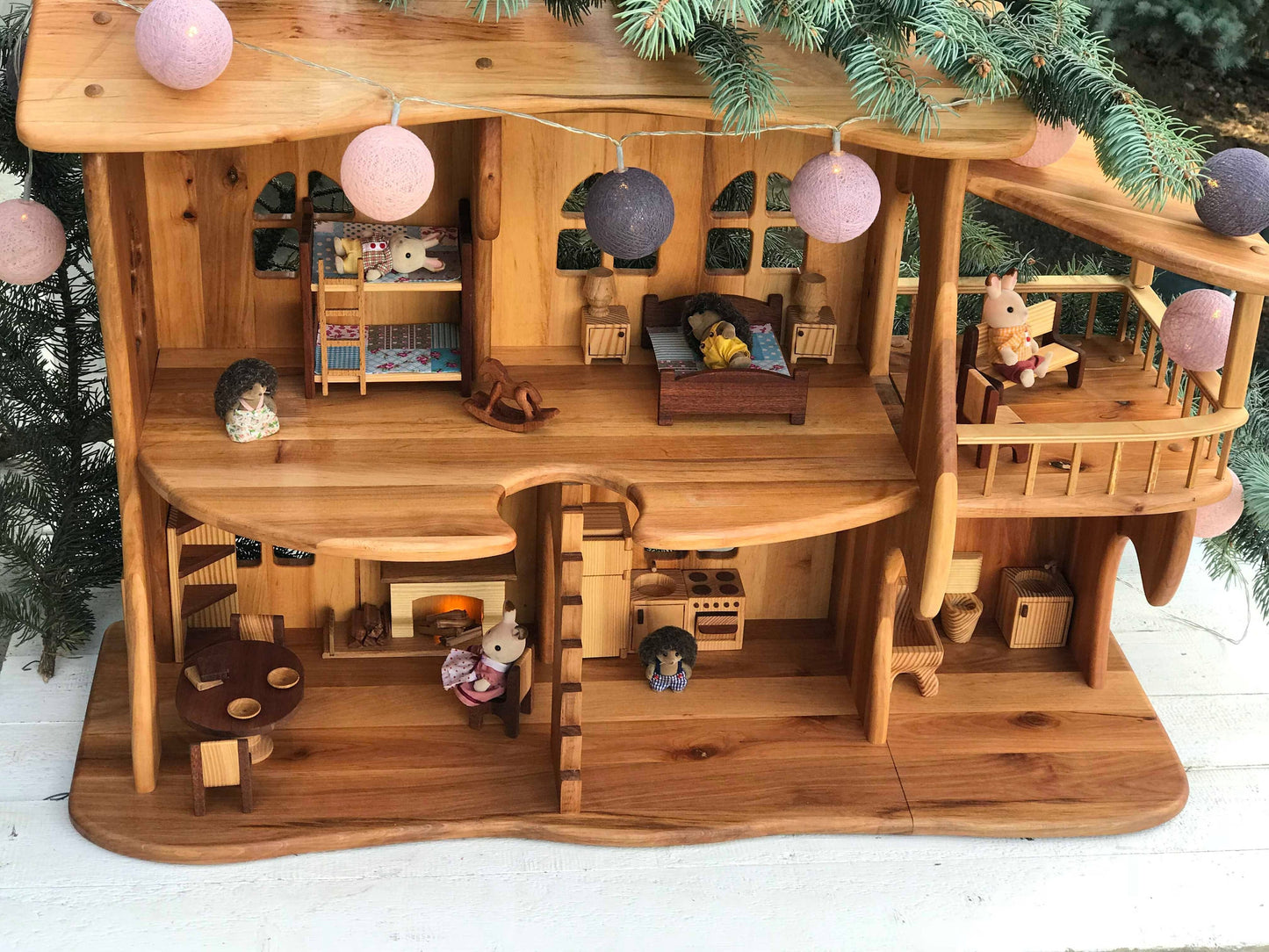 Wooden Dollhouse Christmas Kids Gifts 1st Birthday Alder wood Dollhouse with Fireplace & Redwood furniture Dollhouse kit Wooden Eco Toy