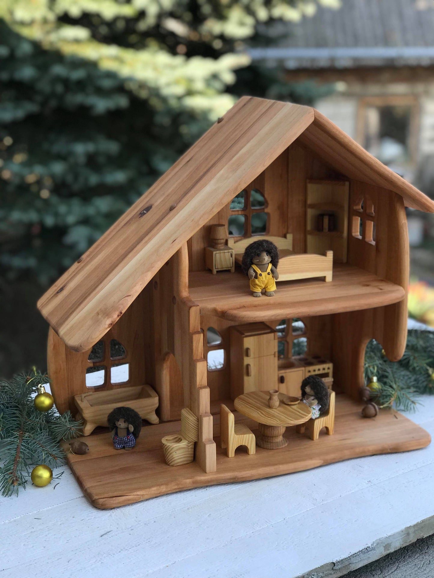 Dollhouse With Furniture Christmas Birthday gift for kid Montessori waldorf playhouse Alderwood scale 1:16  Wooden Eco toy, Fairy house