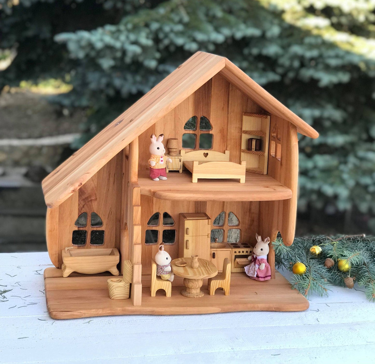 Dollhouse With Furniture Christmas Birthday gift for kid Montessori waldorf playhouse Alderwood scale 1:16  Wooden Eco toy, Fairy house