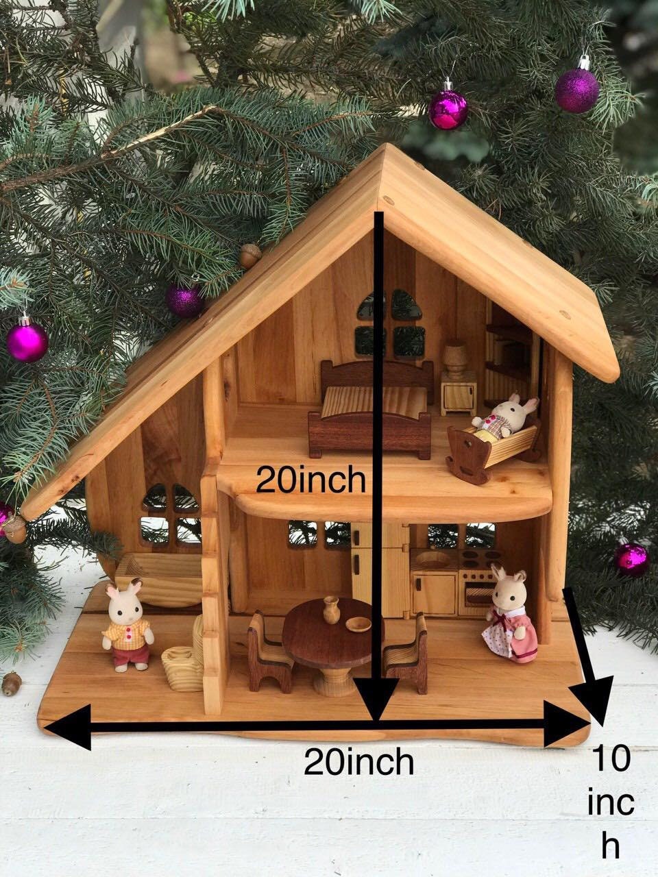 Kids gift Wooden Dollhouse With Red wood Furniture 1st Birthday gift Montessori waldorf house Alderwood Dollhouse scale 1:16