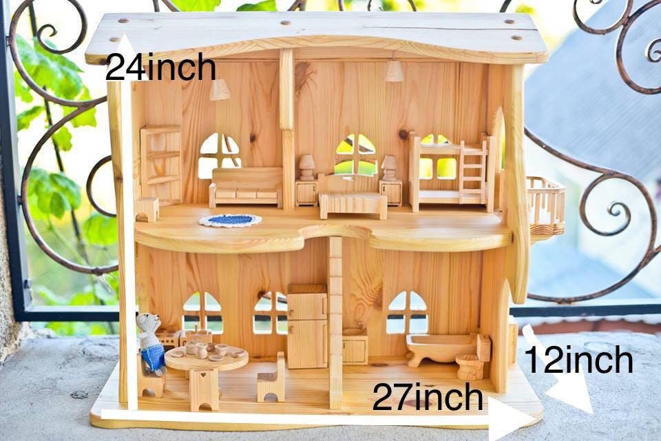 Kids gift Waldorf dollhouse kit With Light Red wood furniture Christmas kid 1st Birthdfay gift Pine-Wood 1:16 Scale Handmade Wooden toy