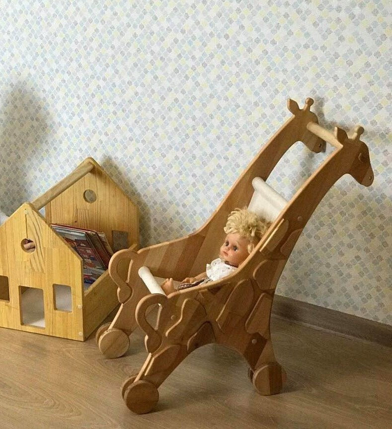 Wooden stroller for dolls Gift for a kid Stroller in a shape of giraffe Montessori waldorf education toy Wooden eco Personalized toy