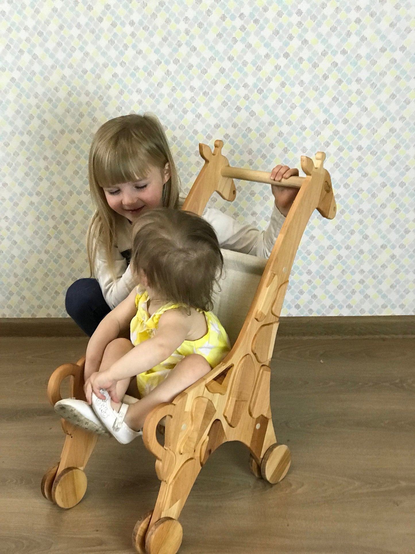 Wooden stroller for dolls Gift for a kid Stroller in a shape of giraffe Montessori waldorf education toy Wooden eco Personalized toy