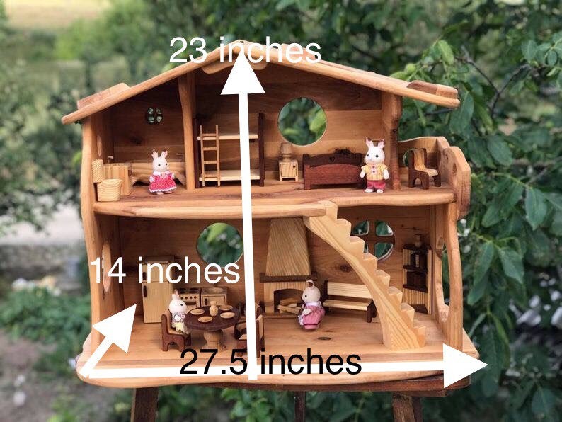 Kids gift Wooden Waldorf Dollhouse Christmas 1st Birthday gift 1:16 Scale Alder-wood Fairy house with Fireplace Red-wood Furniture Eco toy