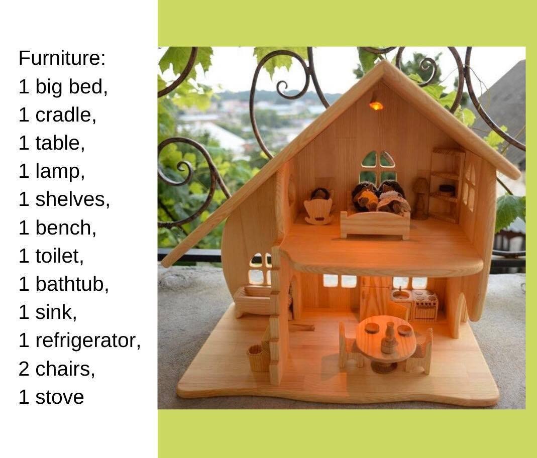 Dollhouse With Furniture Christmas Birthday gift for kid Montessori waldorf playhouse Alderwood scale 1:16  Wooden Eco toy, Fairy house