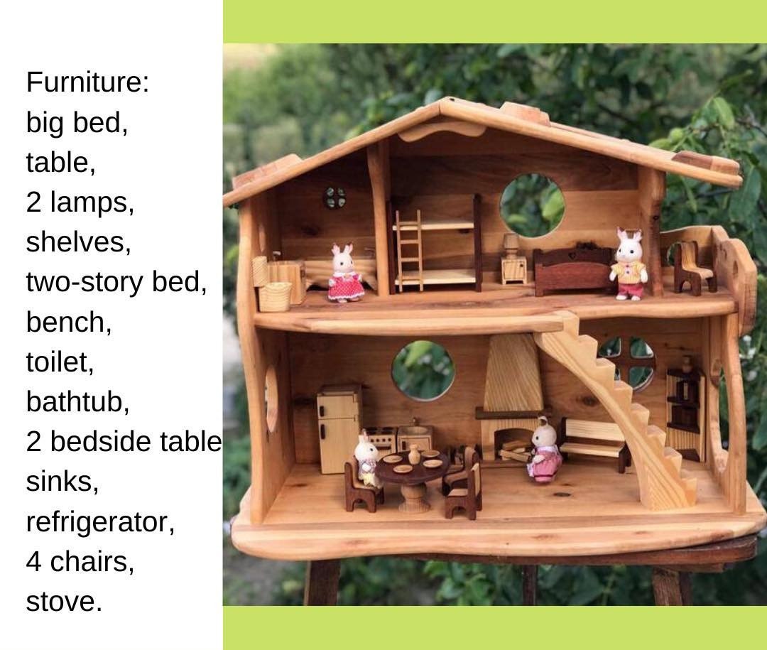 Kids gift Wooden Waldorf Dollhouse Christmas 1st Birthday gift 1:16 Scale Alder-wood Fairy house with Fireplace Red-wood Furniture Eco toy