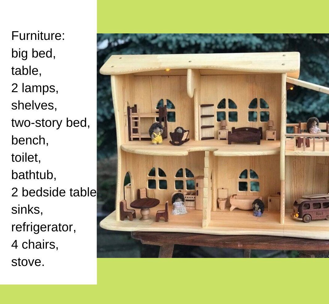 Wooden Dollhouse Christmas Kids Gifts 1st Birthday Alder wood Dollhouse with Fireplace & furniture Dollhouse kit Wooden Eco Toy