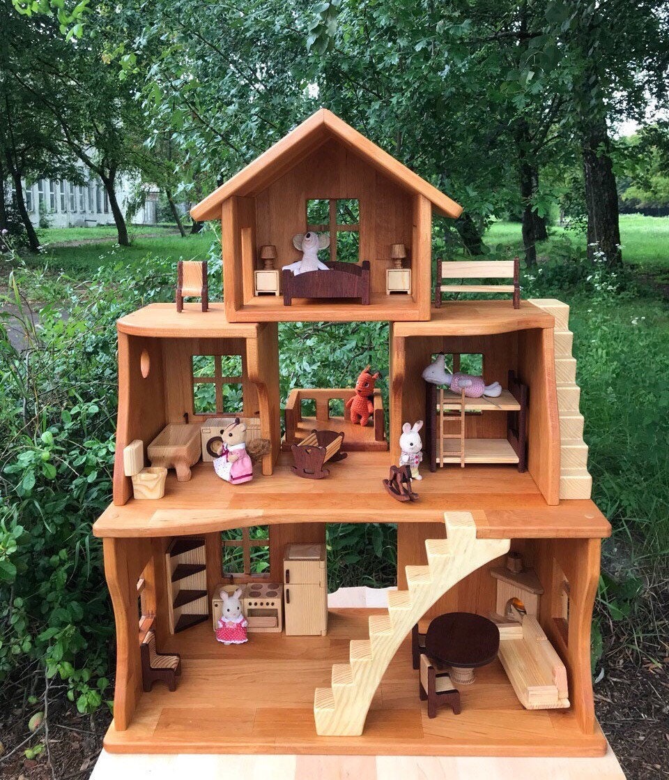 Dollhouse with Red wood furniture kids gift 1st Birthday Niece Large Alder wood stackable dollhouse 1:16 Personalized toy