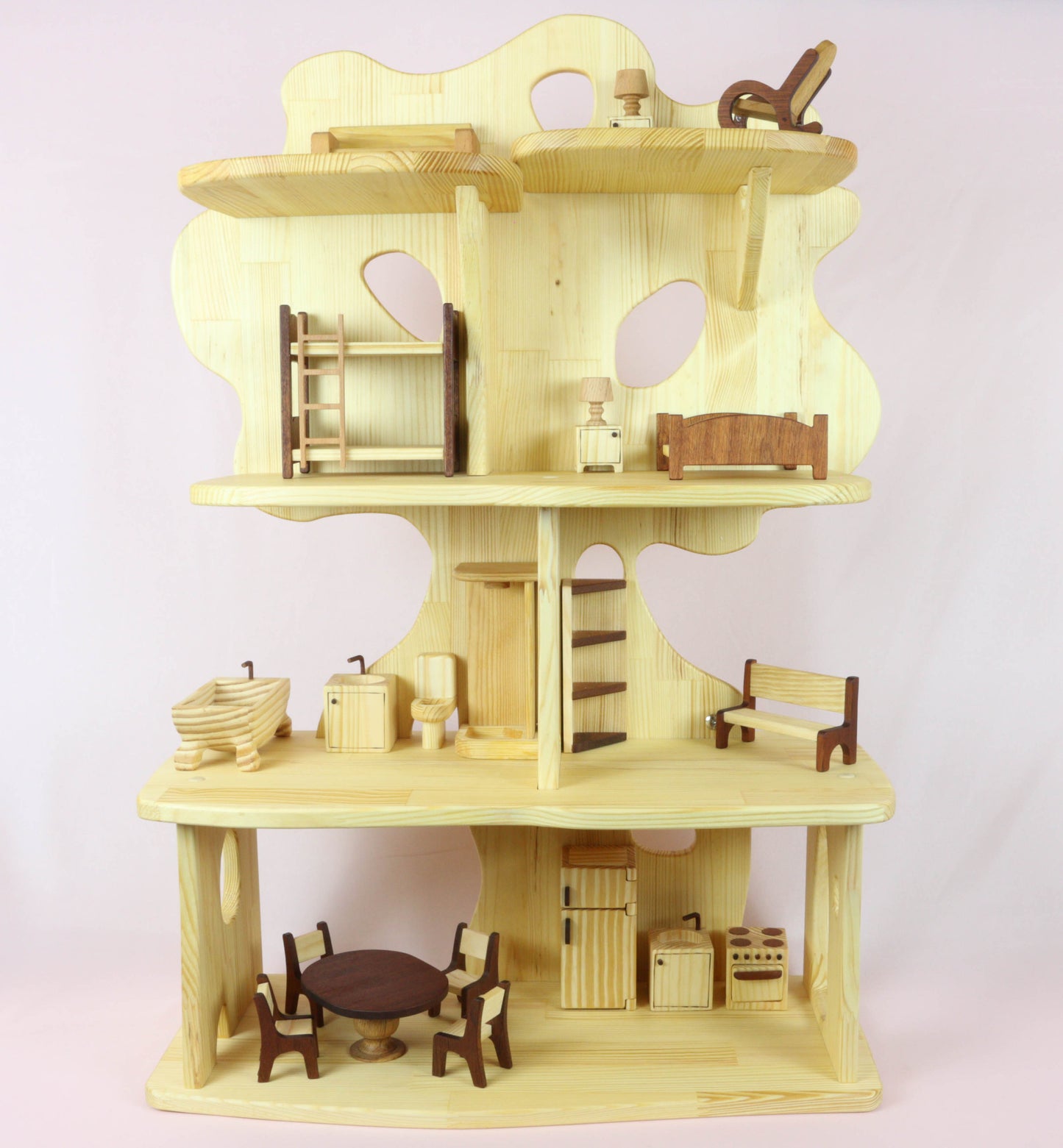 Tree Dollhouse With Red wood furniture Birthday gift for kid Wooden dollhouse in a tree shape Dollhouse 1:16 Scale 3/4, Fairy dollhouse