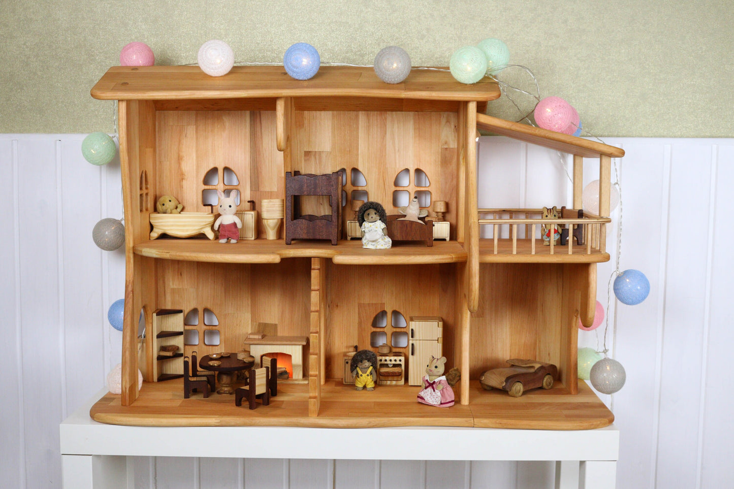 Wooden Dollhouse Christmas Kids Gifts 1st Birthday Alder wood Dollhouse with Fireplace & Redwood furniture Dollhouse kit Wooden Eco Toy