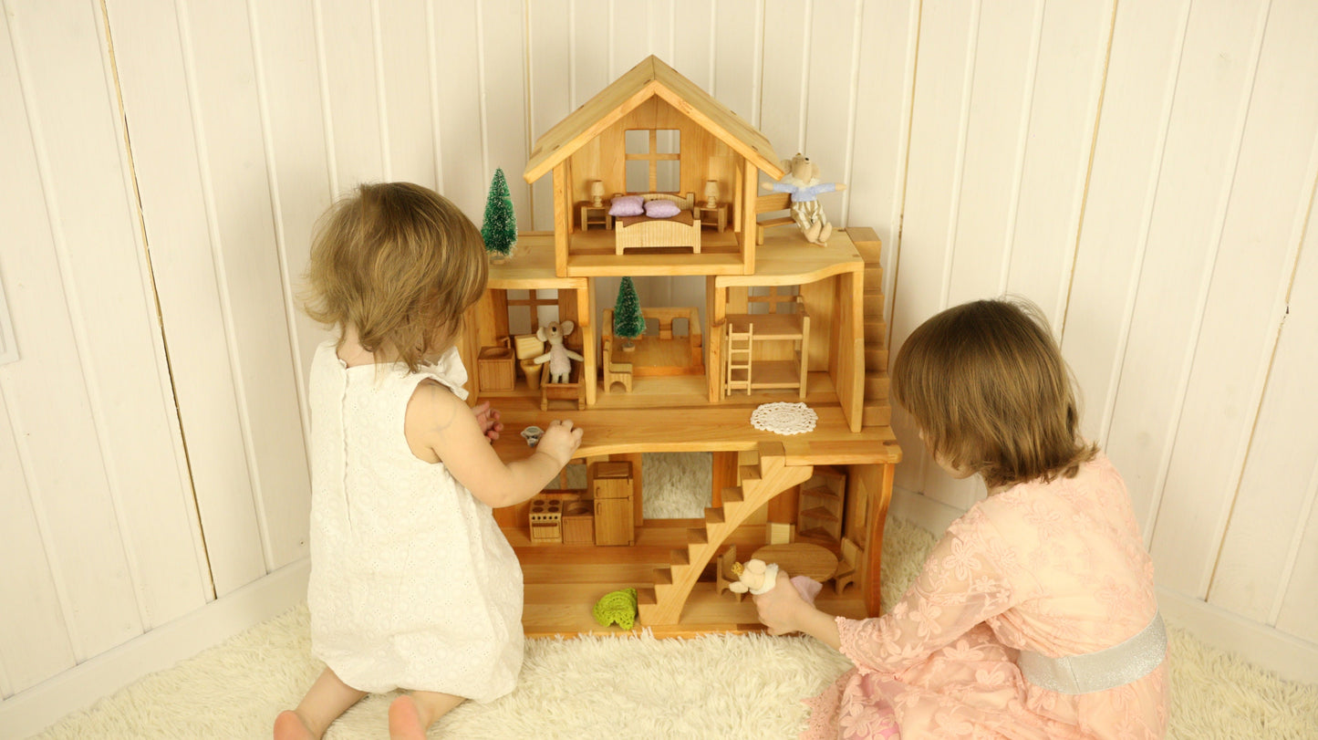 Waldorf Dollhouse kit Christmas kids gift 1st Birthday Niece gift from aunt Alder wood Stackable Dollhouse with furniture 1:16