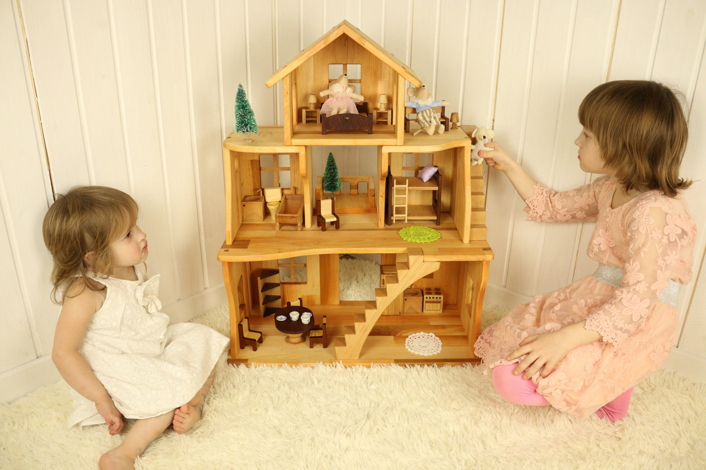 Dollhouse with Red wood furniture kids gift 1st Birthday Niece Large Alder wood stackable dollhouse 1:16 Personalized toy