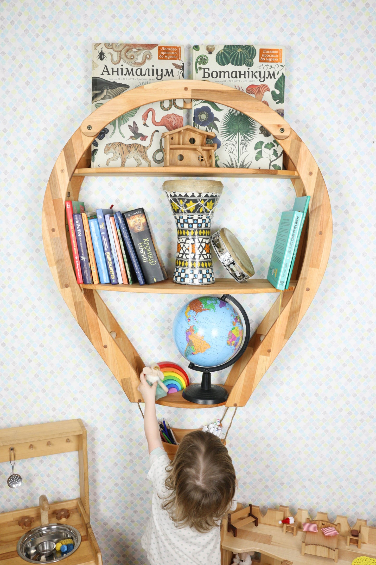 Kids gift 1st Birthday Niece gift Air Balloon Wall decor Montessori Wooden Nursary Storage Organization Book Shelf Kids Furniture