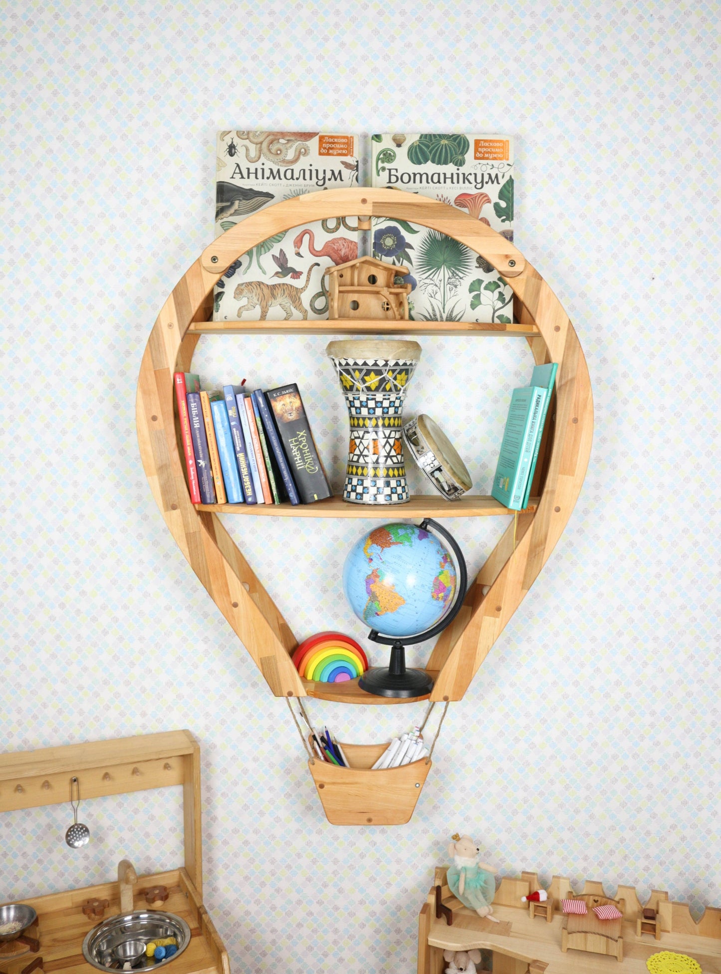 Kids gift 1st Birthday Niece gift Air Balloon Wall decor Montessori Wooden Nursary Storage Organization Book Shelf Kids Furniture