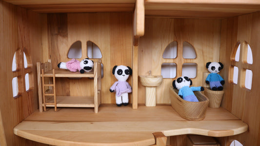 Dolls dollhouse Animals Panda Dolls Amigurumi Panda Family mom dad son daughter Knitted animal Plush Panda knitted toys doll house