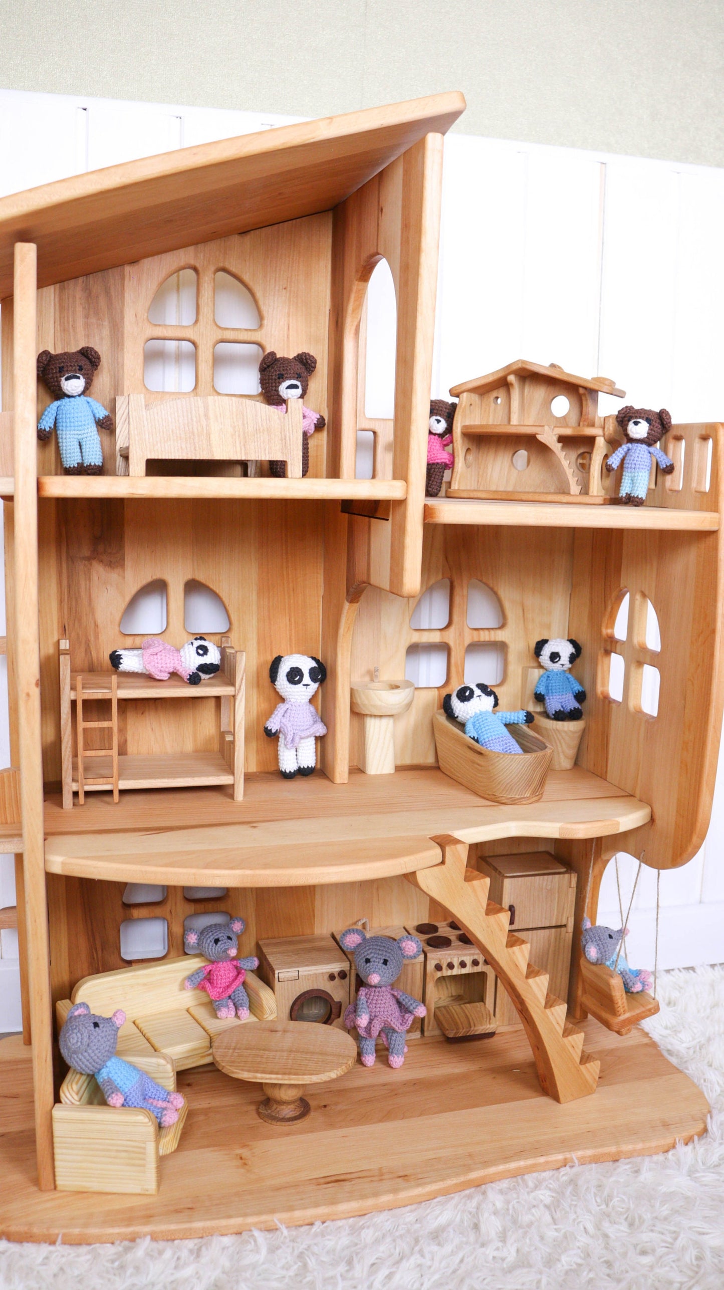 Dolls dollhouse Animals Panda Dolls Amigurumi Panda Family mom dad son daughter Knitted animal Plush Panda knitted toys doll house