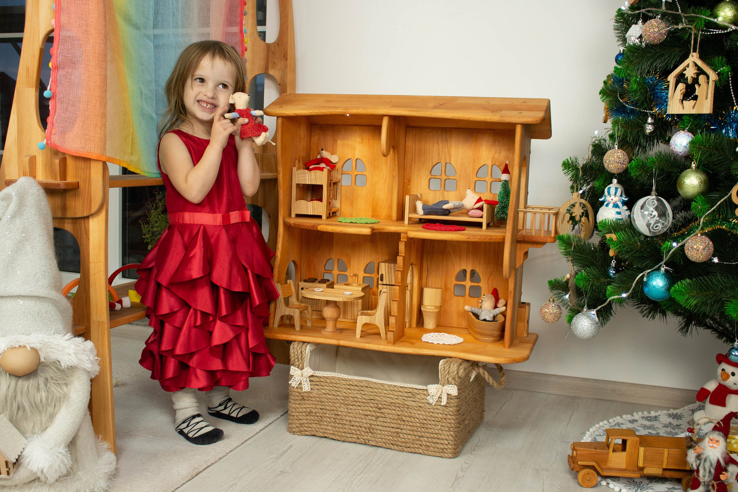 Maileg dollhouse kids gift Waldorf dollhouse kit With furniture Christmas kids gift 1st Birthdfay Alder Wood 1:12 Scale Handmade Wooden toy