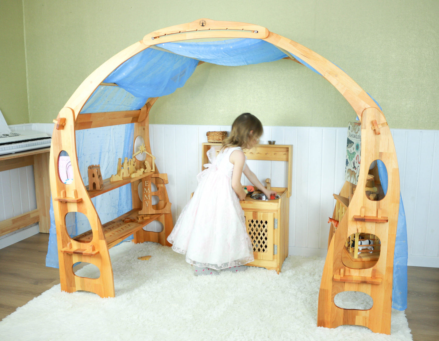 Waldorf playstand fabric Blue with silver stars tulle fabric Stars fabric Playstand Canopy Seasonal Decoration playhouse Montessori shelf