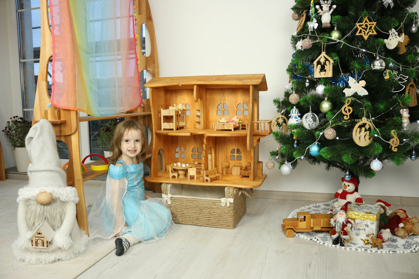 Christmas kids gift Wooden dollhouse 1st Birthday gift Waldorf house with furniture 1:16 Scale 3/4 Handmade Wooden Eco Toy Dollhouse kit