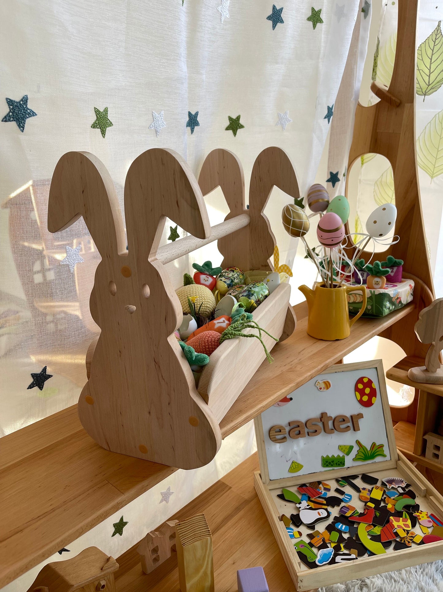 Wooden Basket Easter Bunny 1st Easter gift Box  Kids Books organizer Flowers Egg Hunt Gift Basket Montessori waldorf