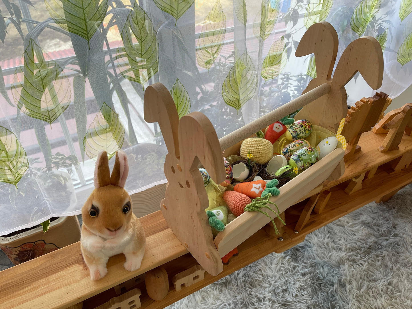 Wooden Basket Easter Bunny 1st Easter gift Box  Kids Books organizer Flowers Egg Hunt Gift Basket Montessori waldorf