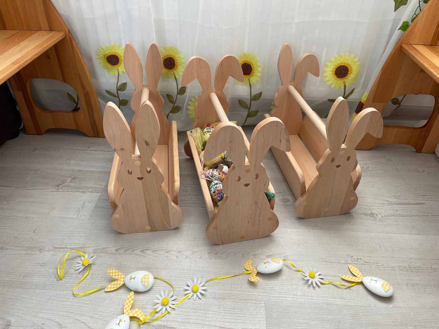 Wooden Basket Easter Bunny 1st Easter gift Box  Kids Books organizer Flowers Egg Hunt Gift Basket Montessori waldorf