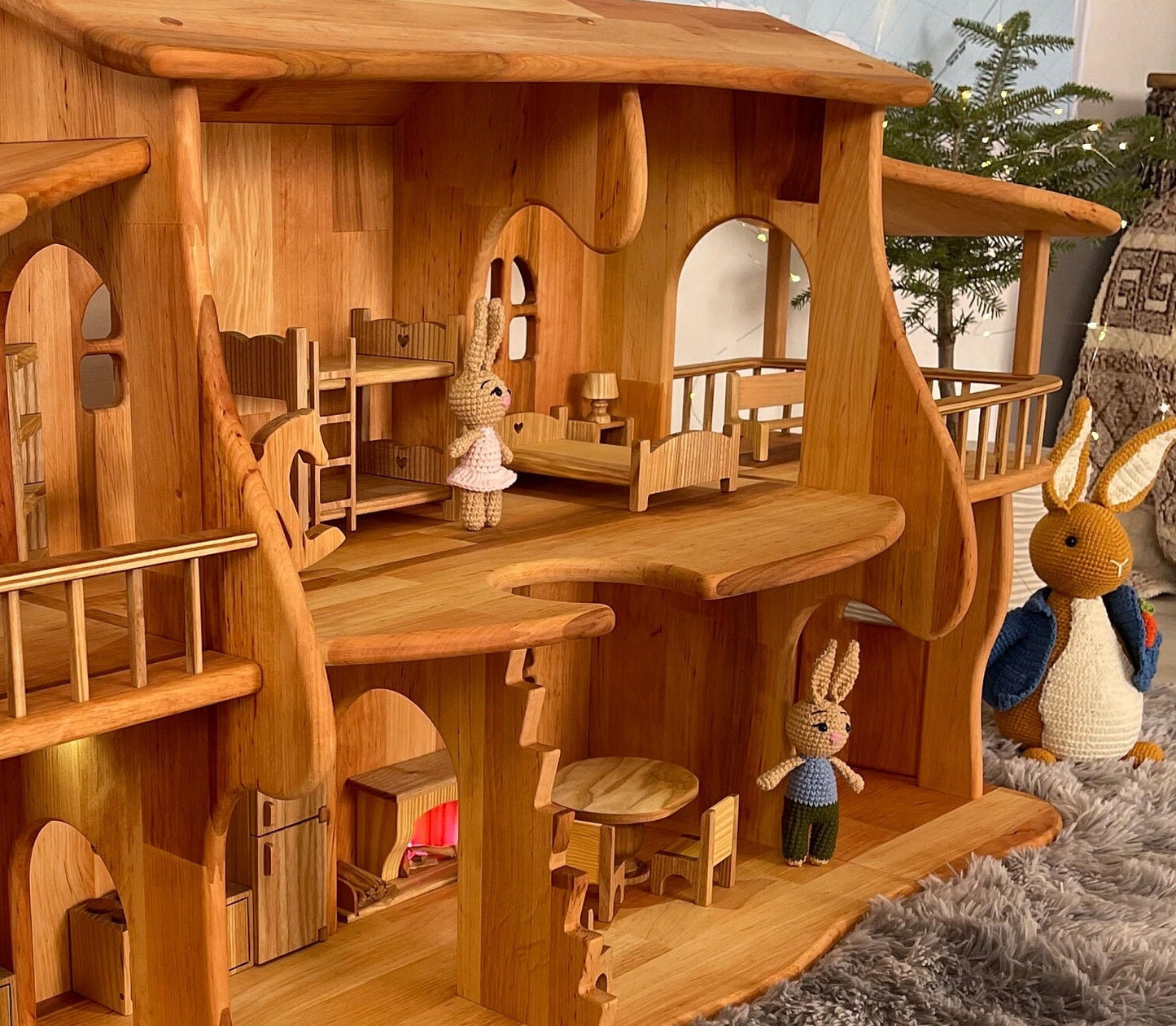 Wooden Dollhouse Christmas Kids Gifts 1st Birthday Alder wood Dollhouse with Fireplace & furniture Dollhouse kit Wooden Eco Toy