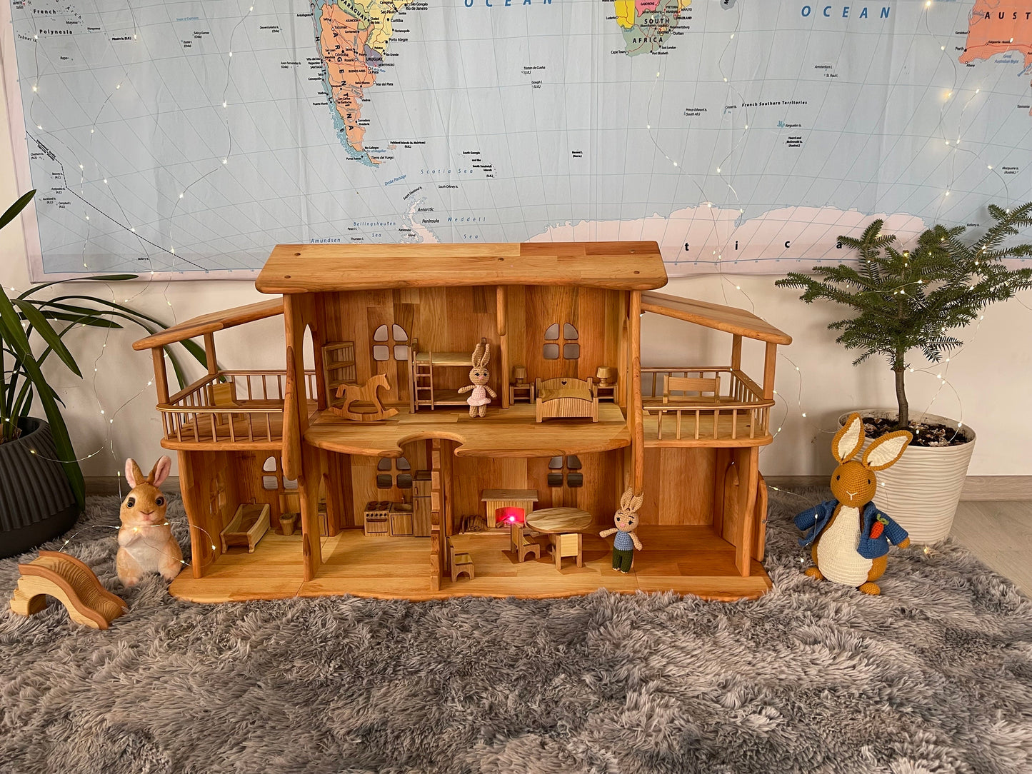 Wooden Dollhouse Christmas Kids Gifts 1st Birthday Alder wood Dollhouse with Fireplace & furniture Dollhouse kit Wooden Eco Toy