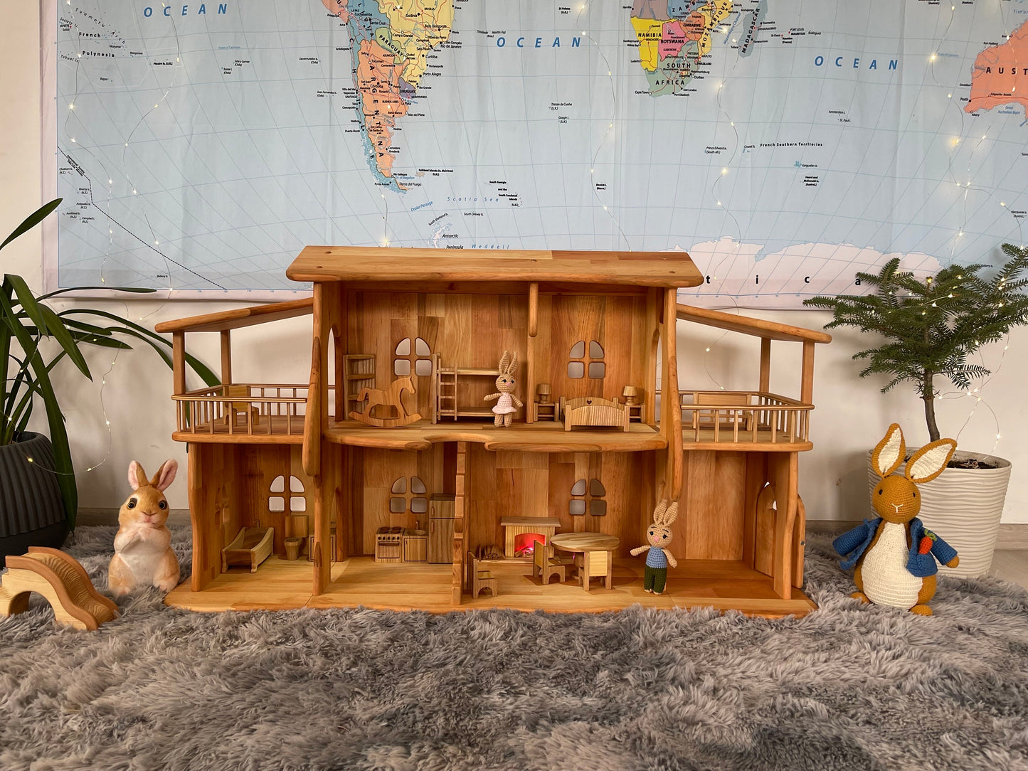 Wooden Dollhouse Christmas Kids Gifts 1st Birthday Alder wood Dollhouse with Fireplace & furniture Dollhouse kit Wooden Eco Toy