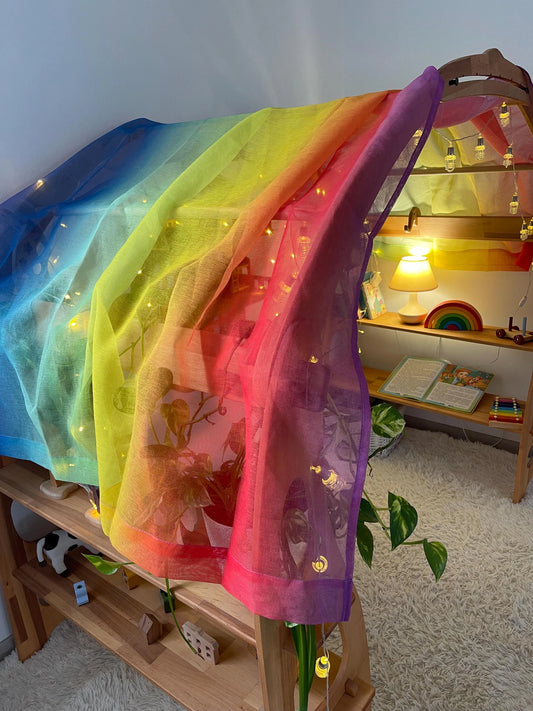 Rainbow fabric Large Playstand Canopy 1st Birthday gift Striped Scarf Waldorf Chiffon fabric Canopy for playhouse Montessori